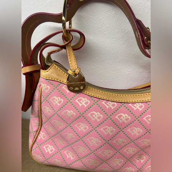Dooney & Bourke Pink Monogram Canvas Handbag, Brown Leather Strap - Picture 2 of 7